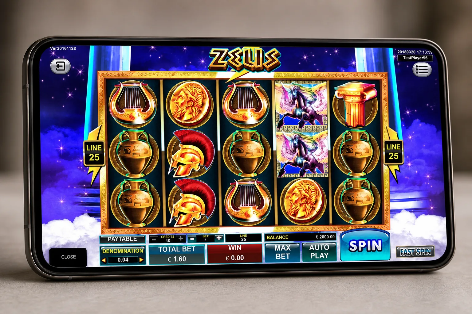 Zeus Screenshot - reel spin in progress showing the Greek mythology symbols